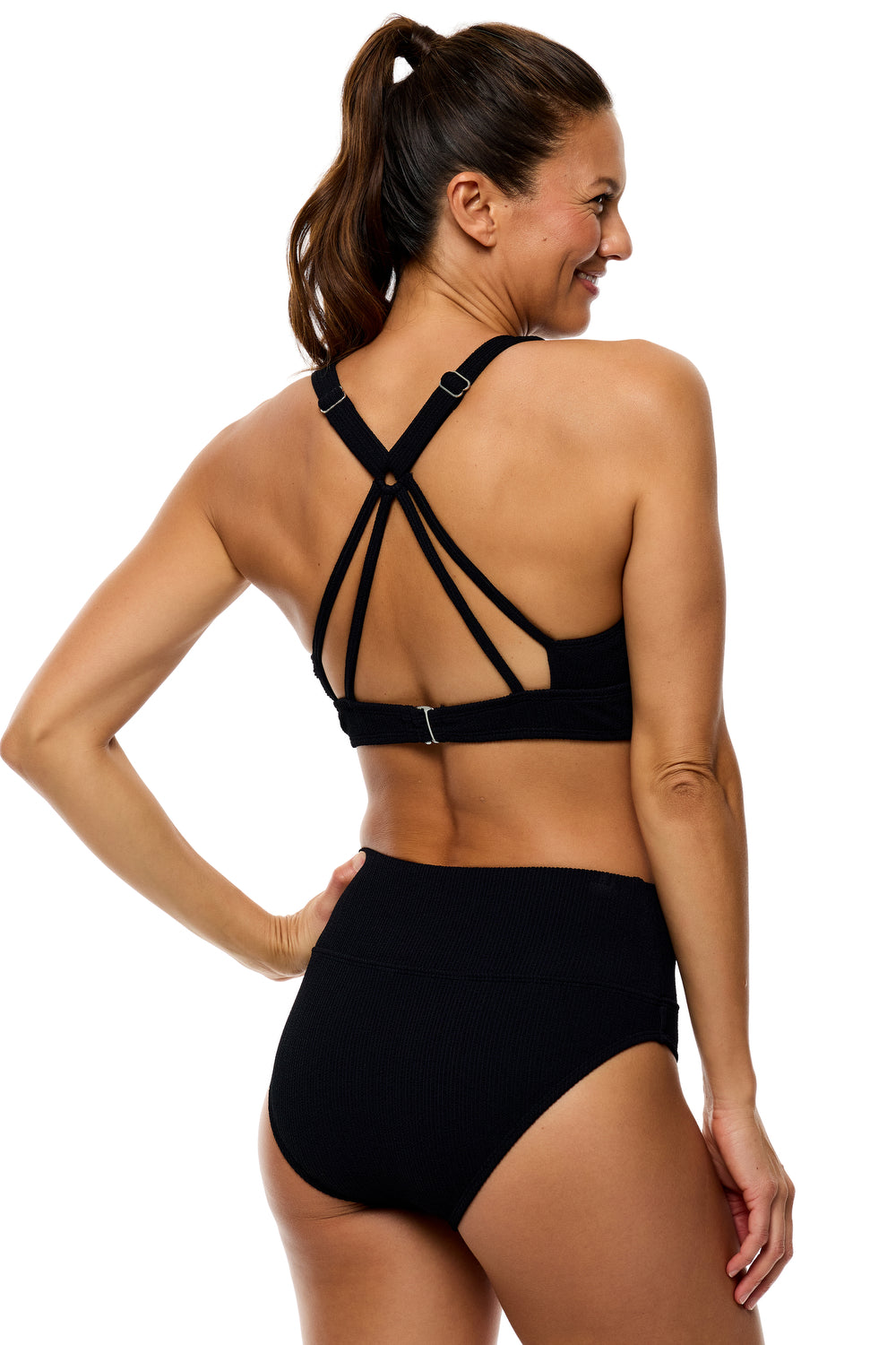 Mini Pucker Rib - Harmony High Waist Swim Bottom - Black