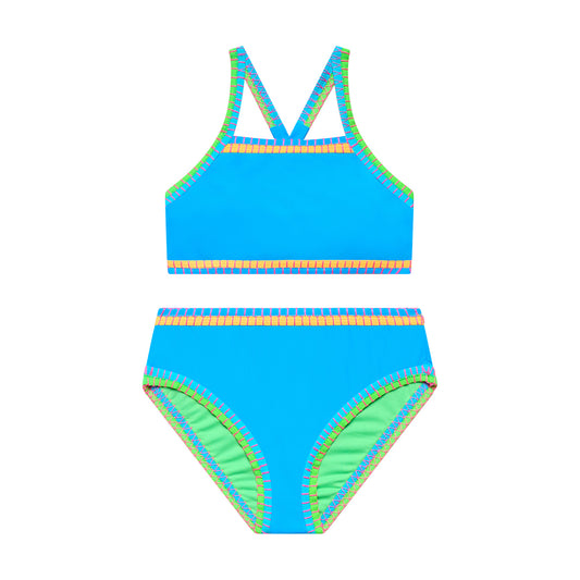 Big Girls Bold Moves - Whipstitch Binding X-Back Bra and Hipster Bottom - Blue Horizon