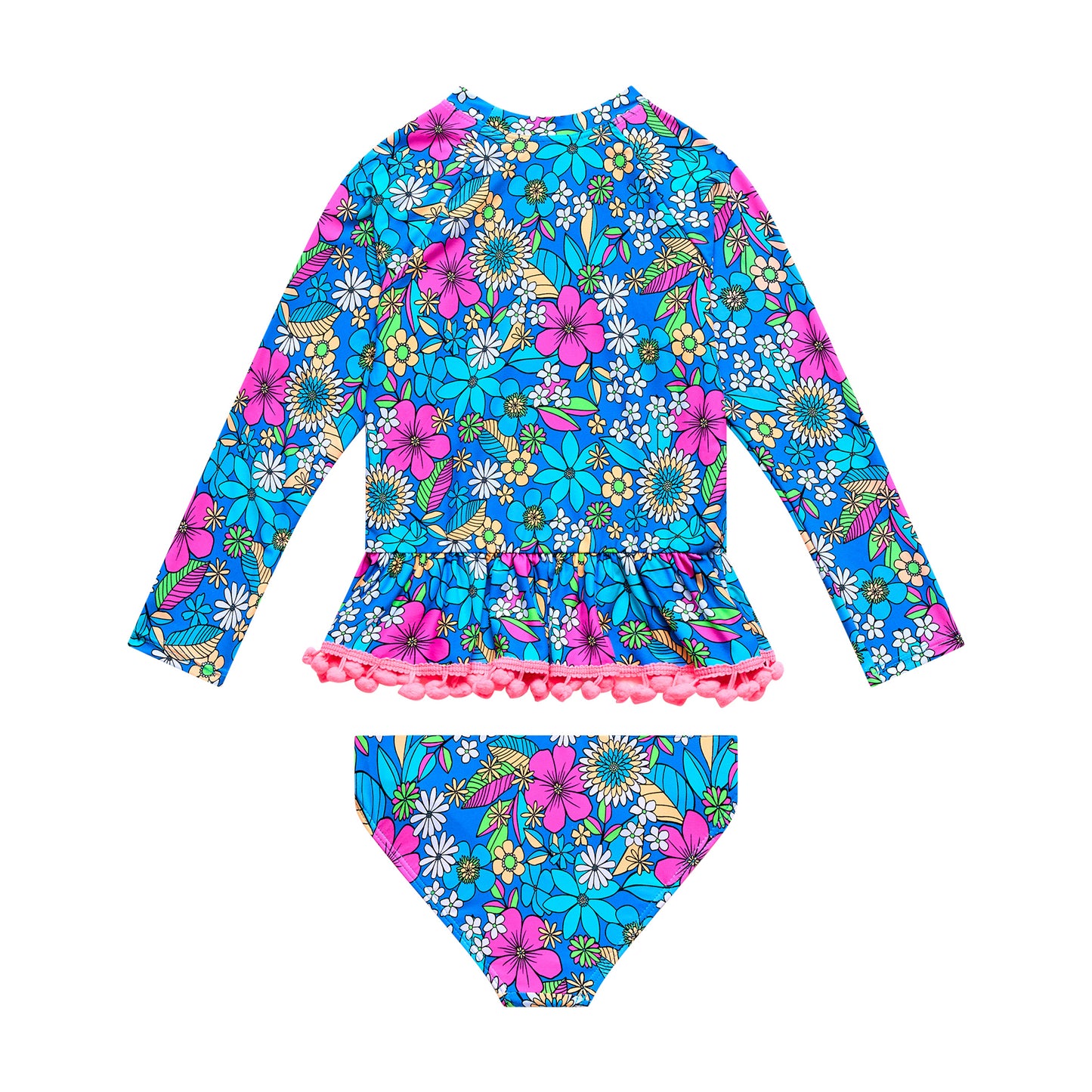 Little Girls Electric Ave - Long Sleeve Rashguard with Pom Pom Ruffle Waist and Hipster Bottom