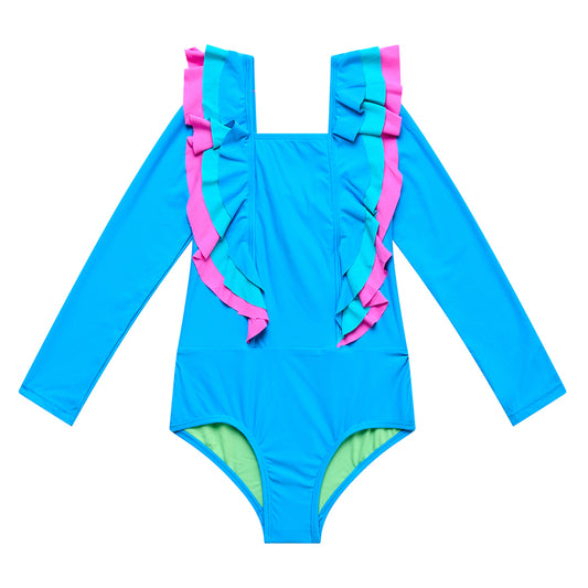 Little Girls Sunsets - Long Sleeve Ruffle Rash Suit