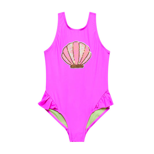 Little Girls Gliteratti - Shell Sequin Patch Wrap-Around Ruffle One Piece - Cyber Pink