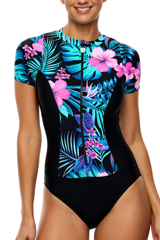Island Luau - Short Sleeve Zip Malibu One Piece Swimsuit