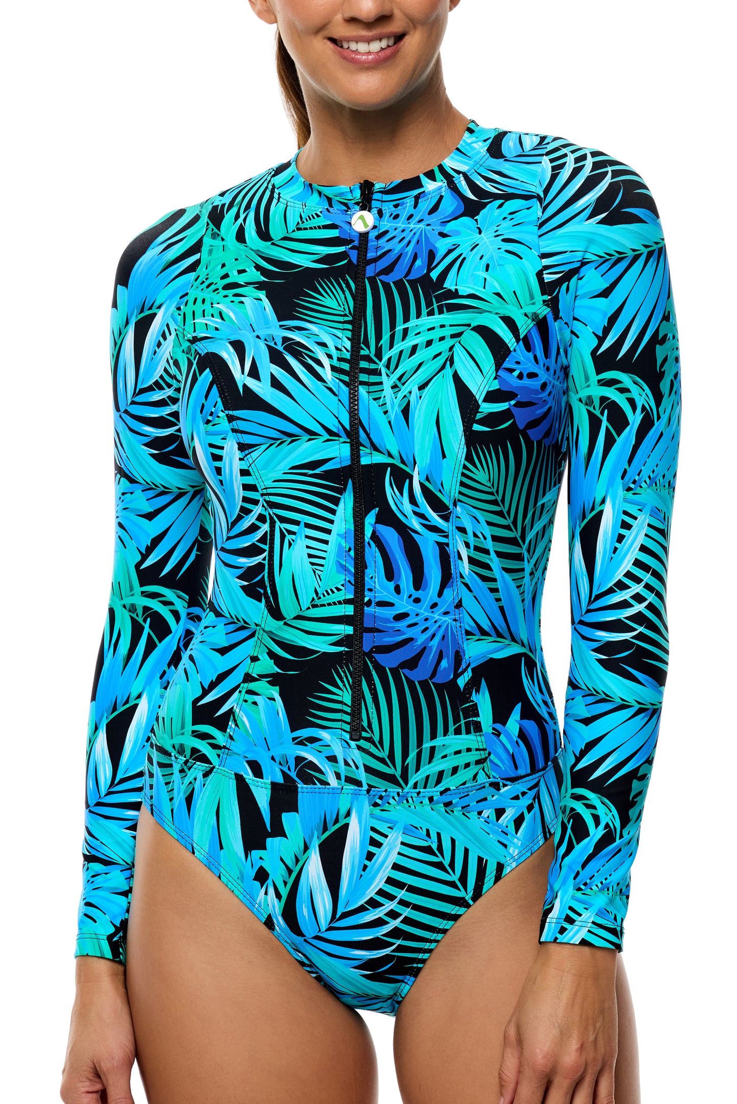 Tahitian Garden - Long Sleeve Zip Malibu One Piece Swimsuit - Black