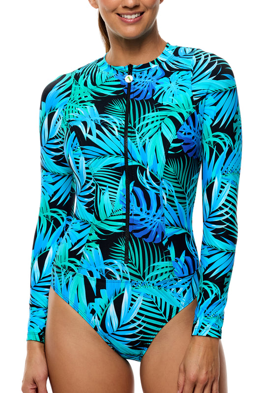 Tahitian Garden - Long Sleeve Zip Malibu One Piece Swimsuit - Black