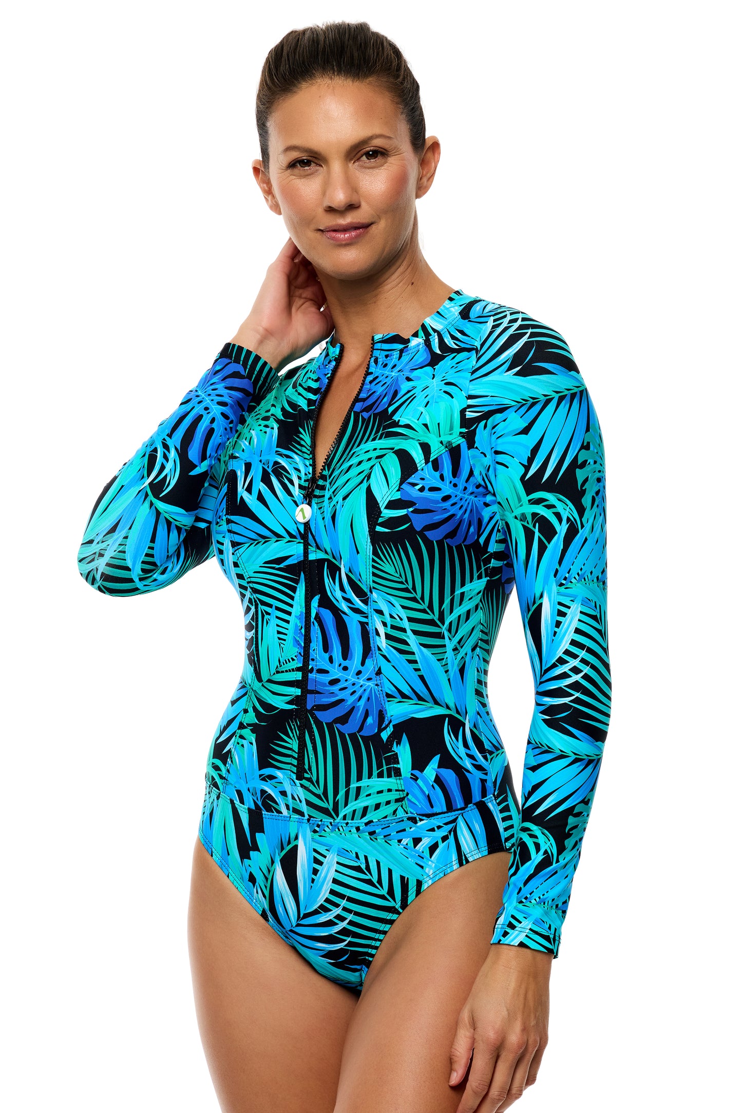 Tahitian Garden - Long Sleeve Zip Malibu One Piece Swimsuit - Black