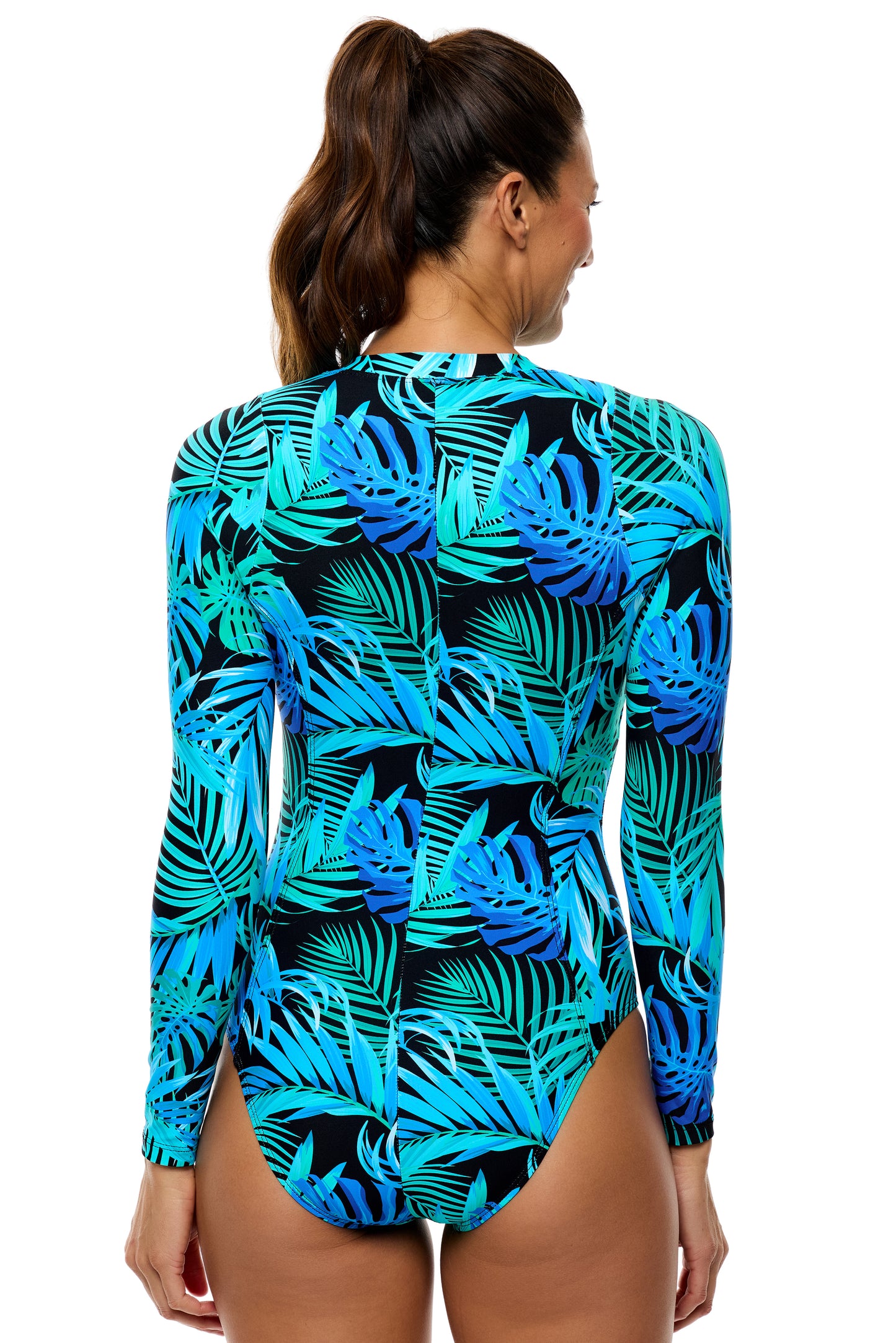 Tahitian Garden - Long Sleeve Zip Malibu One Piece Swimsuit - Black